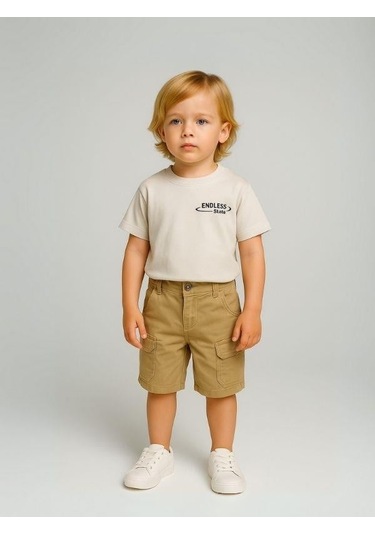 Erkek Bebek Pamuklu Kumaş Cepli Şort-16008 Bej