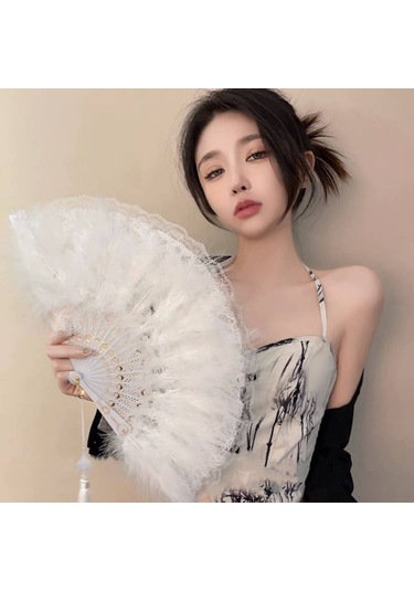 Yaozixa Kumaş Ve Tüy Dekorlu Plastik El Fanı, Ev Ve Özel Renkler, Geniş Kullanim Alanı 42x24cm