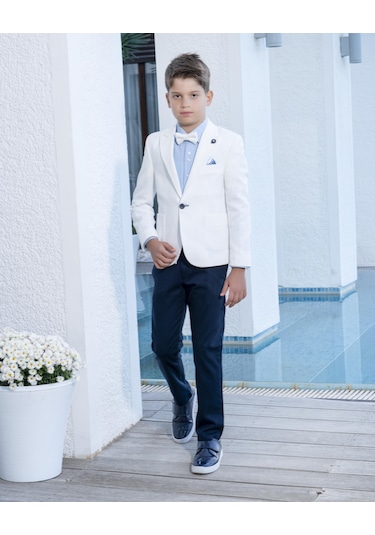 Erkek Çocuk Takım Elbise 4'lü Spor Takım Ceket-pantolon-gömlek-papyon 3-14 Yaş Beyaz