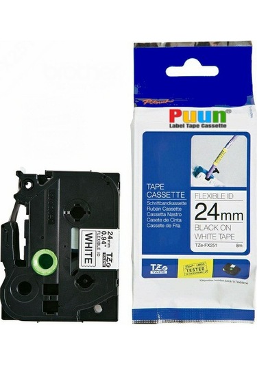 Puun Brother P-Touch TZE-FX251 24MM x 8m Beyaz Üzerine Siyah Esne