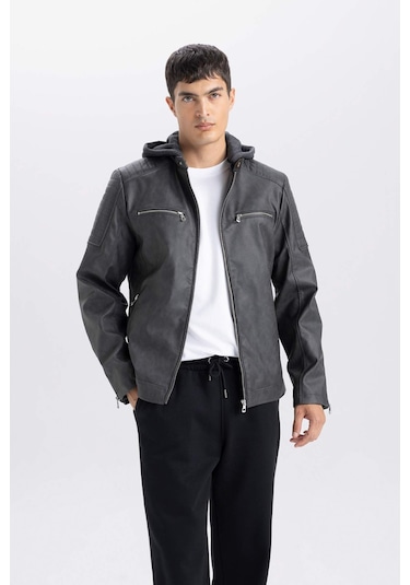 DeFacto Slim Fit Suni Deri Mont Dar Kesim Kapüşonlu Fermuarlı R2523AZ25SPAR110