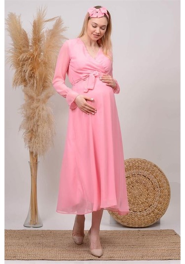 Kadın Beyaz Baby Shower Şifon Hamile Elbise Dphml003 Pudra