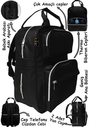 USF Bebek Bakım Çantası Organizatör Fonksiyonel Anne Bebek Bakım Sırt Çantası Siyah
