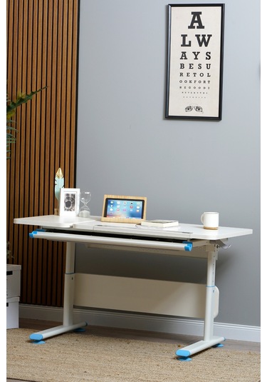 Vega Basic Yükseklik Ve Eğim Ayarlı Ekru Çalışma Masası, Çekmeceli Bilgisayar Ve Ofis Masası, Mavi Gri