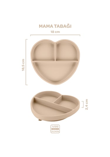 Silikon Beslenme Seti 3'lü Latte Bej / Mama Tabağı, Bambu Saplı Mama Kaşığı Ve Çatalı