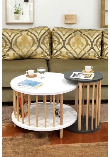 İkili Set Yuvarlak Orta Sehpa Ahşap Ayaklı Sehpa Iki Raflı Sehpa Dekoratif Sehpa Gazetelikli Beyaz - Antrasit