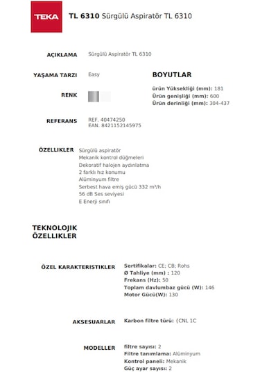 Teka TL 6310 Sürgülü Aspiratör 40474250