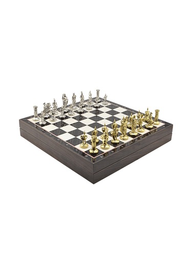 Gifthome Orta Boy Metal Roma İmparatorluğu Satranç Takımı Parlak Ve Ceviz Desenli Sandıklı Mdf Tahtası 36x36x6 Cm.