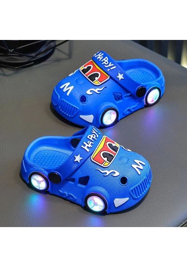 Uıowoo Çocuk Işıklı Araba Ve Dinozor Terlikleri - Kaymaz Eva Tabanlı Ve Delikli Tasarım - Plaj Ve Ev İçin Mavi