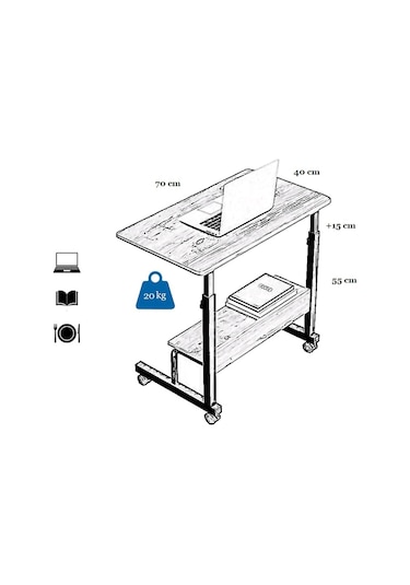 Sekizincicaddedizayn Yükseklik Ayarlı Raflı Laptop Sehpası - Ceviz (Tekerli) Ceviz
