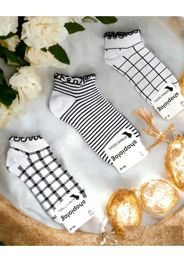 Shopiolog Sevimli Marul Desenli Bilek Çorabı 3'lü Paket Siyah - Beyaz