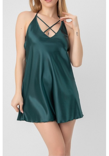 Faryanight Saten Çarpraz İp Askılı Boyundan Bağlamalı Mini Gecelik Petrol Yeşili