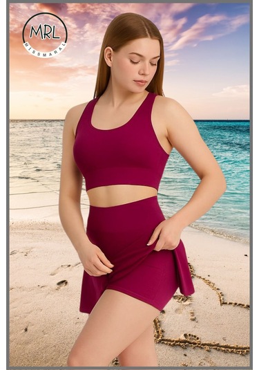 Kadın Şort Etekli Mayo Takım Üst Crop Sabit Pedli Çabuk Kuruyan Kumaş Plaj Giyim Mürdüm Takım Mürdüm