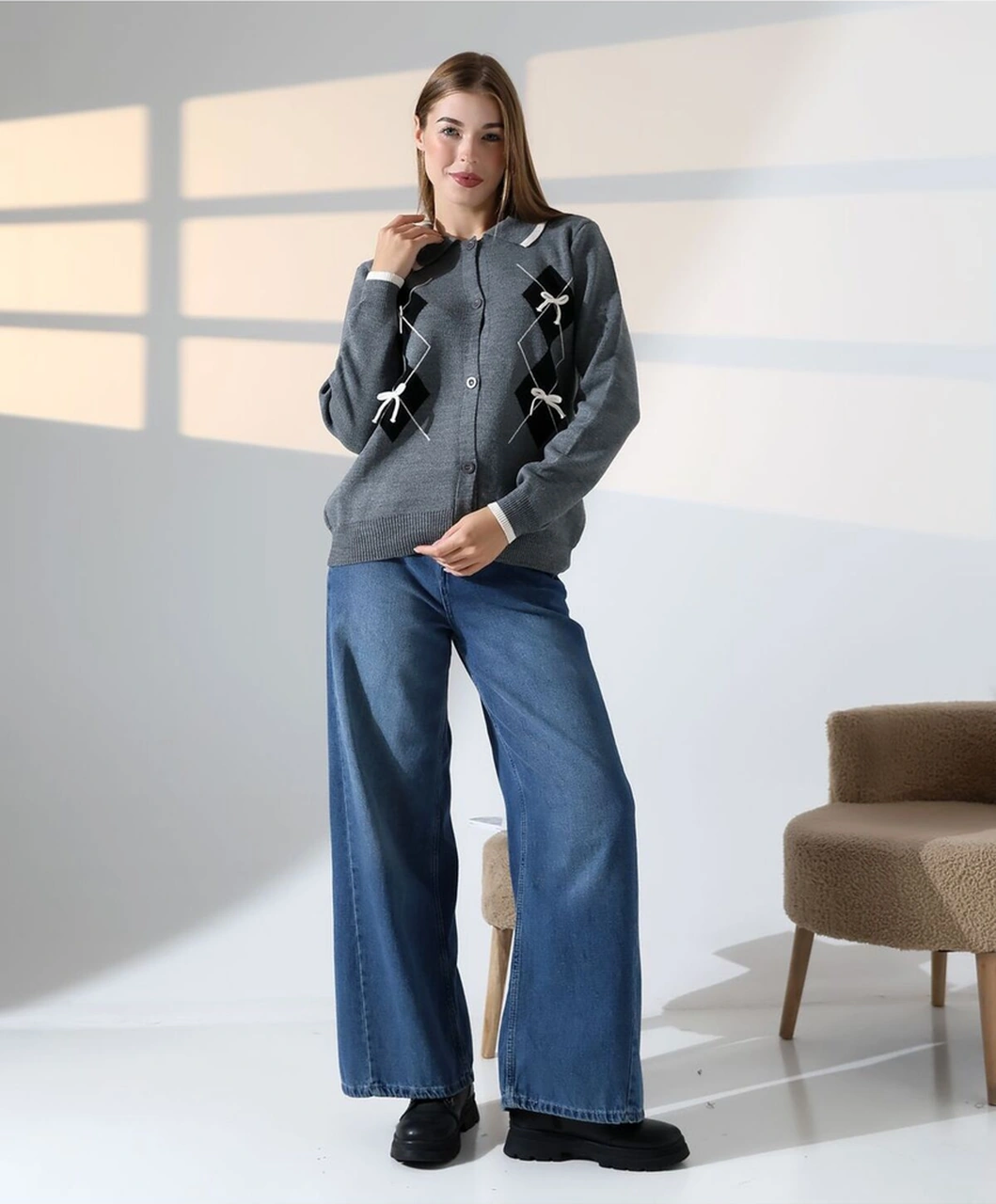 Baklava Desen Polo Yaka Kadın Kazak Antrasit