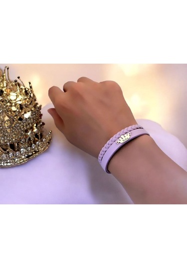 Archin Tuba İsmine Özel 14 Ayar Altın Plakalı Doğal Mor Derili Taç Figürlü Hediye Bileklik-637isim Tuba