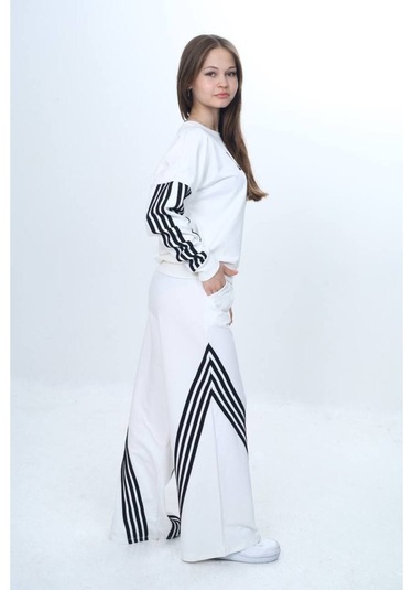 Kız Çocuk %100 Pamuk Şeritli Oversize 2 İplik Alt&üst Eşofman Takımı-305-eşt-0009 Ekru