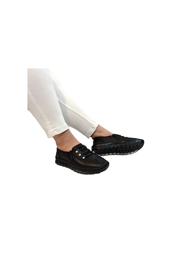 Voyager 9871 Siyah Hakiki Deri Boncuklu Bayan Ayakkabı Siyah