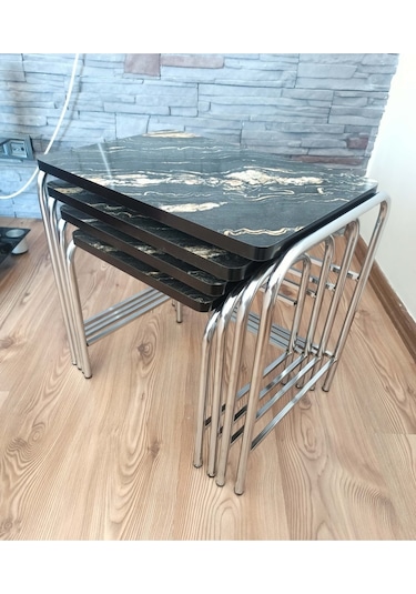 Angelo Black Marble Design 4'lü Zigon Sehpa Metal Krom Nikel Ayaklı E1 Guaranteed Mermer