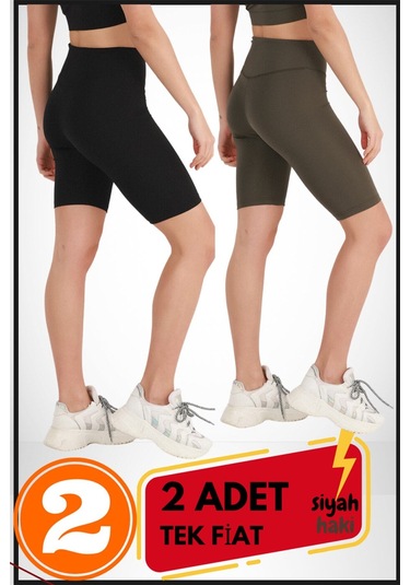 Kadın Kısa Siyah & Haki Şort Tayt 2'li Paket Lycralı Yüksek Bel Toparlayıcı Mevsimlik Biker 21074 Siyah - Haki