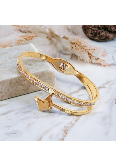 Zirkon Taşlı Kelebekli Çelik Kelepçe Bileklik - Vıp Serisi Gold Renk Lüks Takı Modası