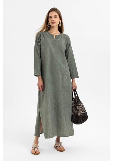 Haki İşlemeli Uzun Kollu Astarsız Pamuklu Uzun Elbise-hakı