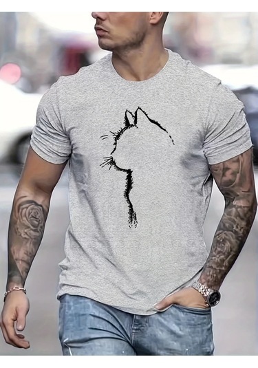 Guılan Erkek %100 Pamuk Yazlık Spor Tişört - Kedi Desenli Rahat Yuvarlak Boyun Kısa Kollumavi Mavi