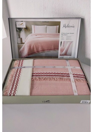 Tivoli Çift Kişilik Dantelli 4 Parça Pike Takımı Çeyizlik-melanie-kapuçino Pudra Pudra