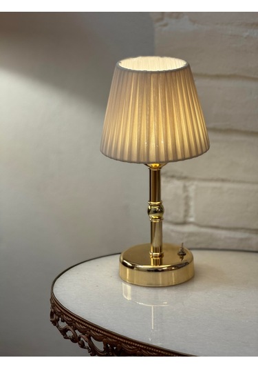 Osmanlı Ipeği Pileli Kablosuz Masa Lambası -alt Uzun Parlak Gold Led Işık 320-6 Beyaz