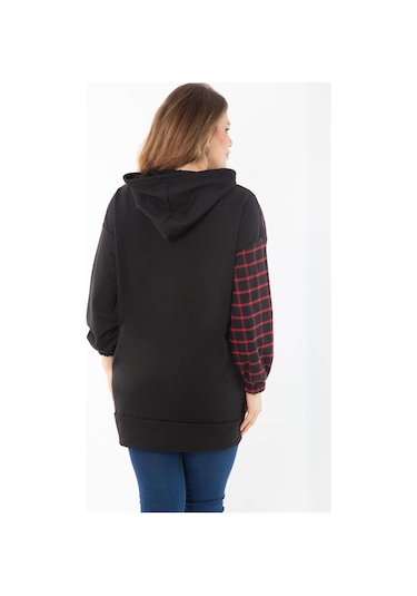 Kadın Büyük Beden Siyah Ekose Garnili Kapşonlu Sweatshirt 65n37289-siyah Siyah