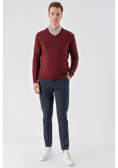 Morven Erkek Koyu Bordo Basic V Yaka Dynamic Fit Rahat Kesim Triko Koyu Bordo