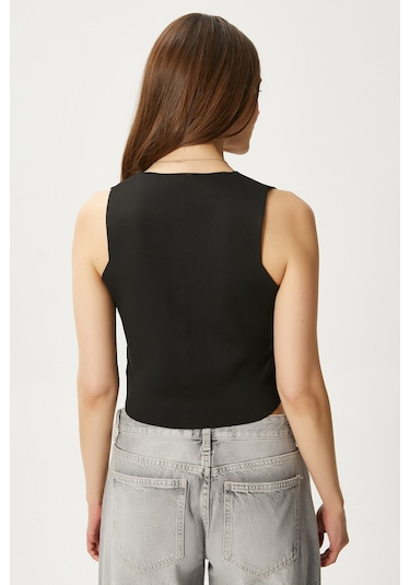 Ritnice Kadın Petite Çıtçıtlı Crop Siyah Triko Yelek Siyah