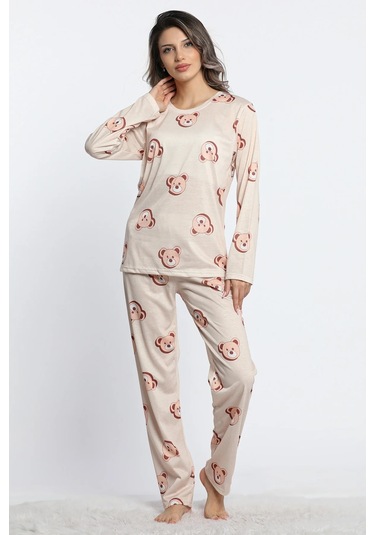 Kadın Bisiklet Yaka Uzun Kol Ayıcıklı Pijama Takımı Bej Lukitus Bej