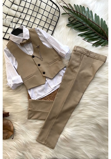 Zincirli Üç Düğme Erkek Çocuk Takım Elbise Bej