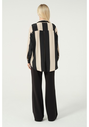 Basic Oversize Çizgili Gömlek Bej Siyah Bej - Siyah