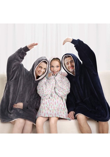 Noel Temalı 6-13 Yaş Çocuk Giyilebilir Battaniye Hoodie, Kalın Peluş, Büyük Boy-a71 Krem - Pembe