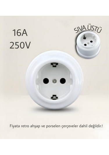 Porselen Yuvarlak Priz Beyaz Tekli Priz