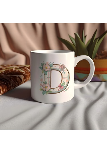 D Harfli Çiçek Desenli Kupa Bardak - Ekose Desenli Yeşil Pembe Desenli Tasarım - Kişiye Özel Hediye Beyaz