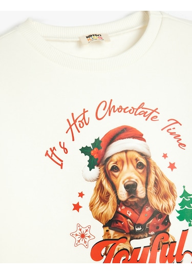Koton Yılbaşı Temalı Sweatshirt Uzun Kollu Köpek Baskılı Bisiklet Yaka Şardonlu Ekru 5wkg10547ak Ekru