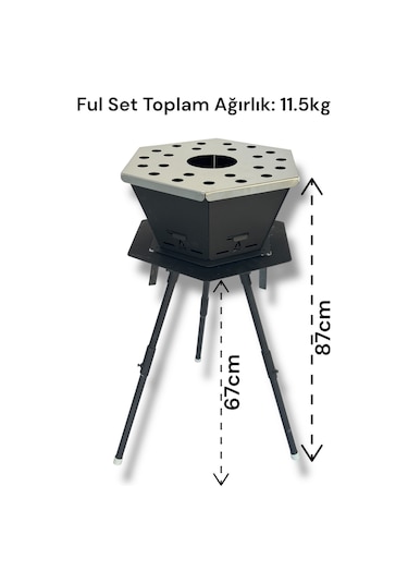 Altıgen Şömine & Katlanır Ateş Çukuru Ve Mangal Seti Ateş Çukuru Siyah