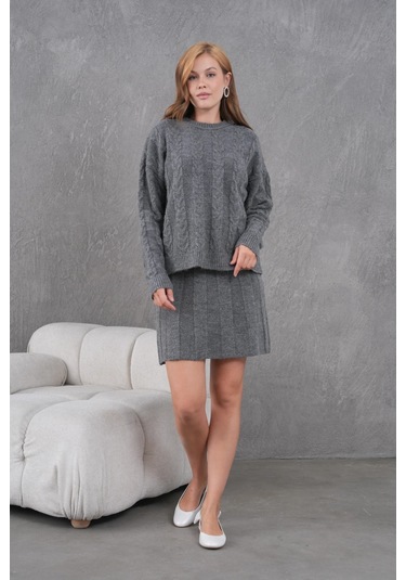 Kadın Bisiklet Yaka Saç Örgü Kazak Etek İkili Triko Takım Antrasit