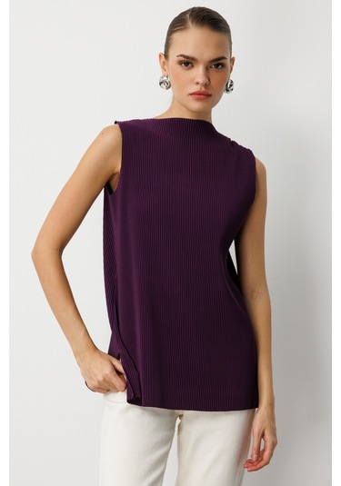 Mizalle Full İnce Pilise Mor Kolsuz Şifon Bluz Mor