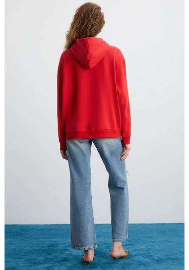 Alena Kadın Oversize Organik Pamuklu Metal Fermuarlı Kapüşonlu İçi Polarlı Kırmızı Sweatshirt