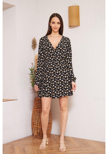 Siyah Çiçek Desenli Elbise Dm1025