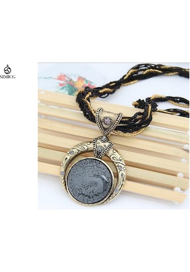 El Dokuması Bohem Pirinç Boncuklu Retro Etnik Tarzda Yuvarlak Değerli Taş Kolye Siyah