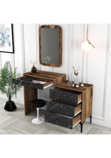 Lizbon Makyaj Masası Aynalı - Ceviz / Siyah Mermer