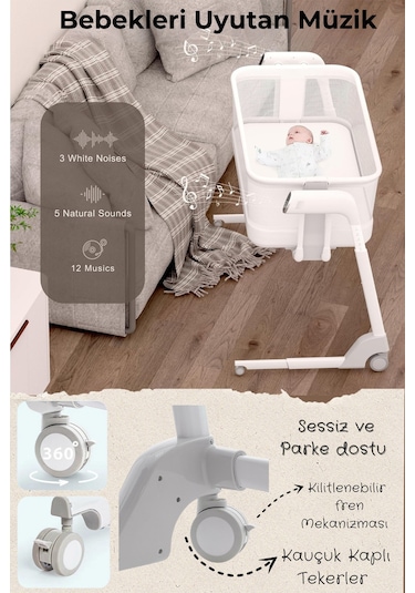 Kiwi Cozy Premium 3in1 Ağlamaya Duyarlı Anne Yanı Beşik, Park Yatak White Noise İle Kesintisiz Uyku