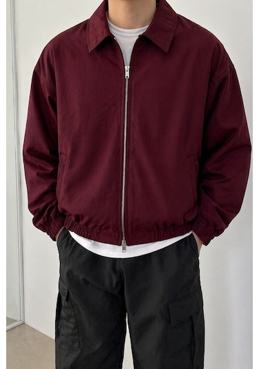 Tarz Cool Erkek Oversize Bomber Ceket Fermuarlı Basic Günlük Şık Mont Bordo