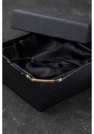 Cenova Kuyumculuk 14 Ayar Altın Bar Detaylı Siyah Seramik Erkek Bileklik Sarı Altın