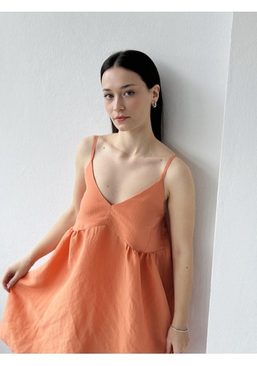 Retrobird Tasarım June Askılı Mini Elbise Kadın Turuncu-13902 Turuncu