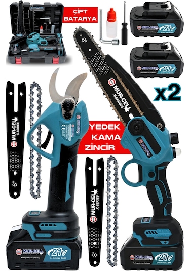 M 2'li Set Çelik Şanzuman Çift Pala Zincirli Şarjlı Dal Budama Testere Budama Makas 21v 3ah